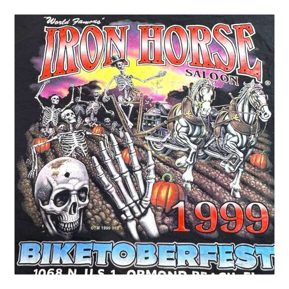 Vintage 1999 Iron Horse Saloon Biketoberfest Bandana Biker Skeleton Pumpkin - Picture 2 of 7